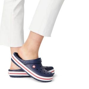 Crocs crocband blue white and red clogs